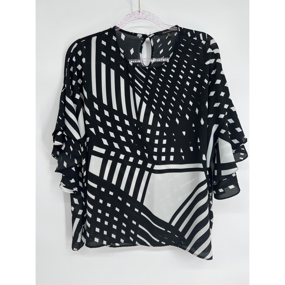 Ellen Weaver Blouse Top Black White Geometric Ruffle Sleeve Plus Size‎ 2X
